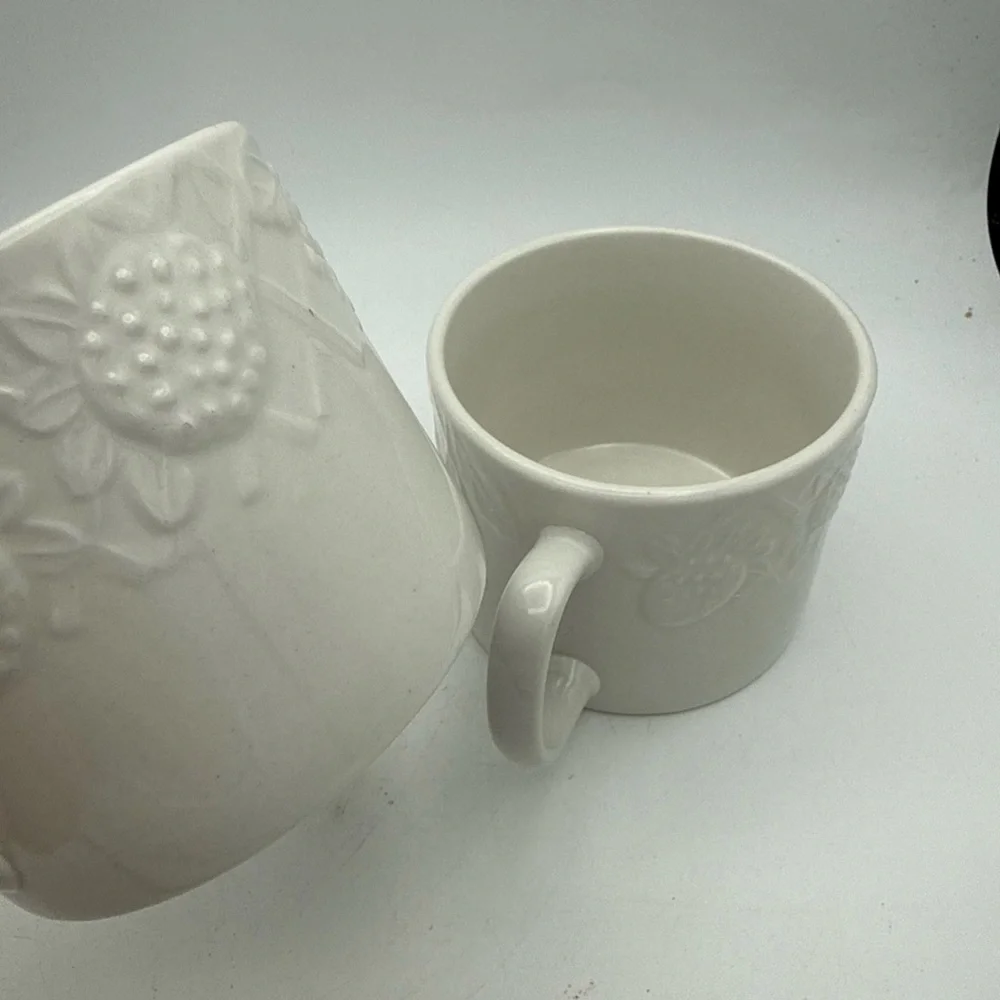 Pair Of Pier 1 Coffee Mugs White raised Fruit grape pears strawberries design